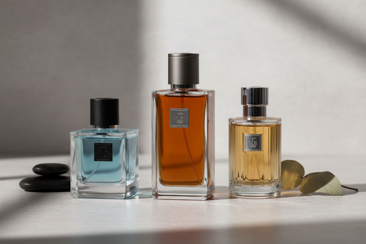 Collection of premium men's perfumes, elegant glass bottles, minimalistic background, masculine and premium aesthetic  
Soft natural lighting, light gray background, high resolution, website product section
